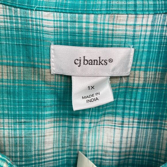 CJ Banks Women's 1X Button Up Short Sleeve Shirt Green Plaid Pockets Country - Picture 5 of 14